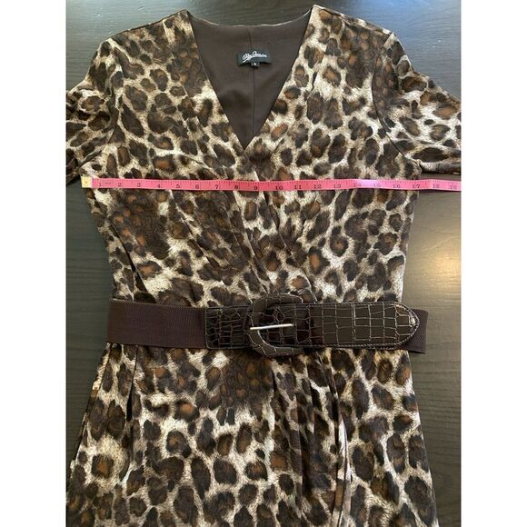 Oleg Cassini Animal Print Cocktail Event Dress Medium Belted‎ Faux Wrap Mini Mob - Picture 8 of 13